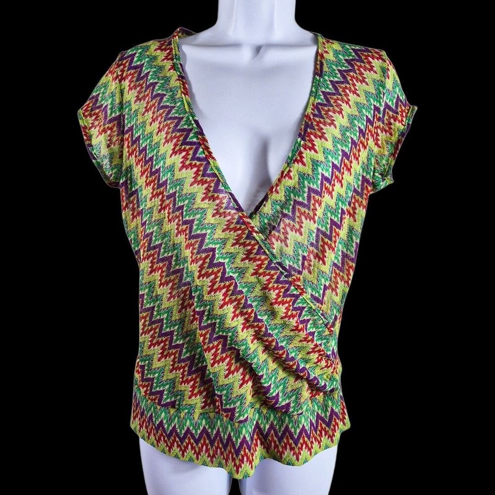Exact 12 Neon Sz M Zig Zag Knit Top Bold Green Faux Wrap V Neck Boho Festival - Picture 3 of 10